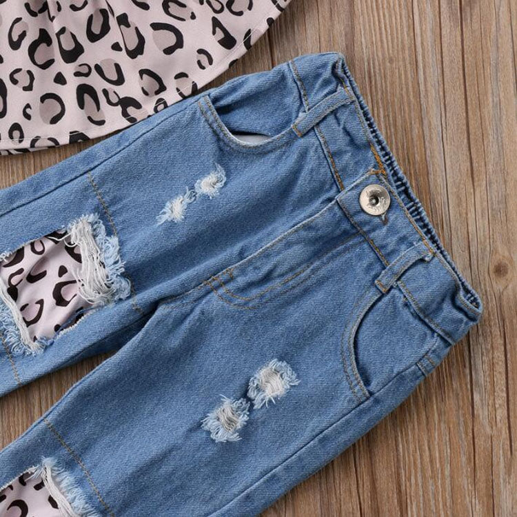 Girls Leopard Print Tube top + Denim Trousers + Hair Band Set