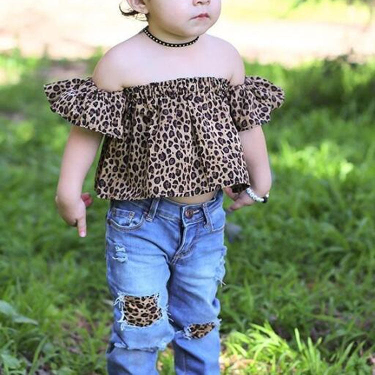 Girls Leopard Print Tube top + Denim Trousers + Hair Band Set