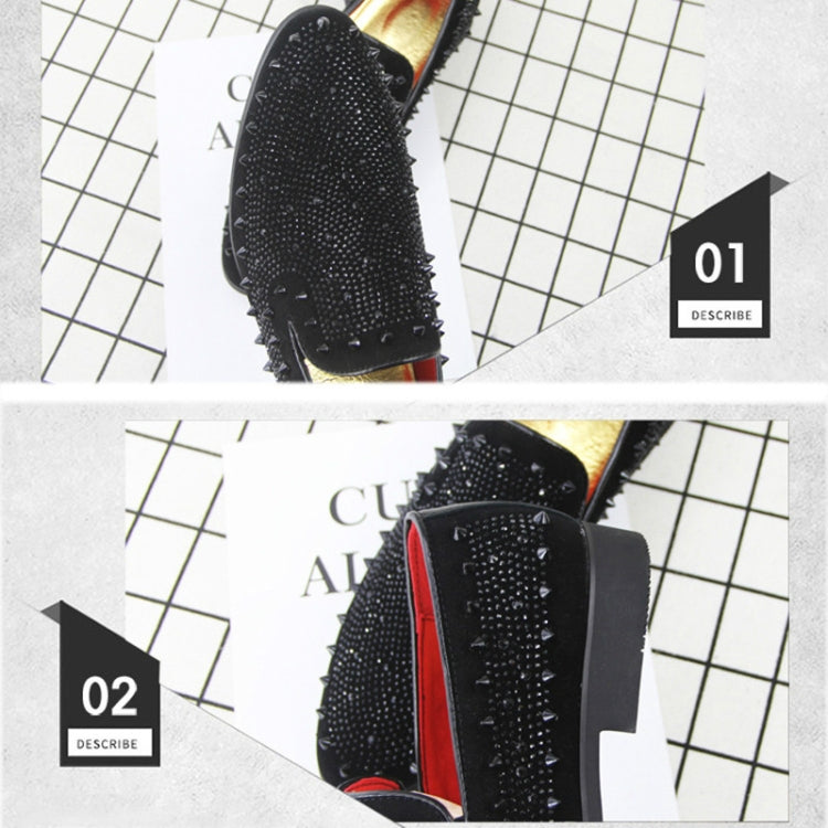 Men Rivet Rhinestone Black Pointed Toe Flats Shoes