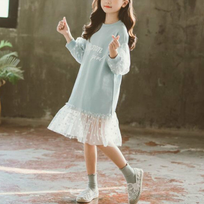 Autumn Girls Fashion Letter Pattern Long Sleeve Lace Stitching Dress