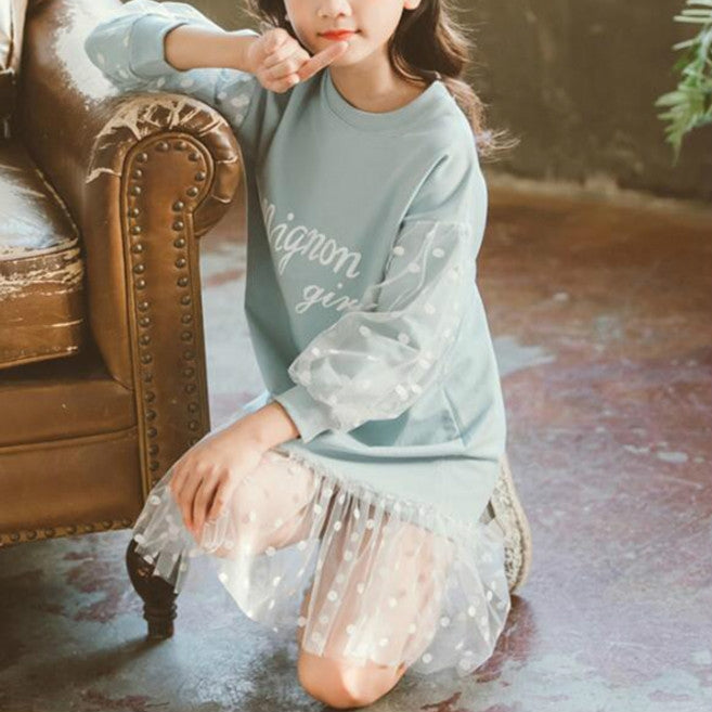 Autumn Girls Fashion Letter Pattern Long Sleeve Lace Stitching Dress