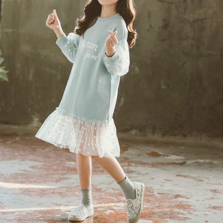 Autumn Girls Fashion Letter Pattern Long Sleeve Lace Stitching Dress