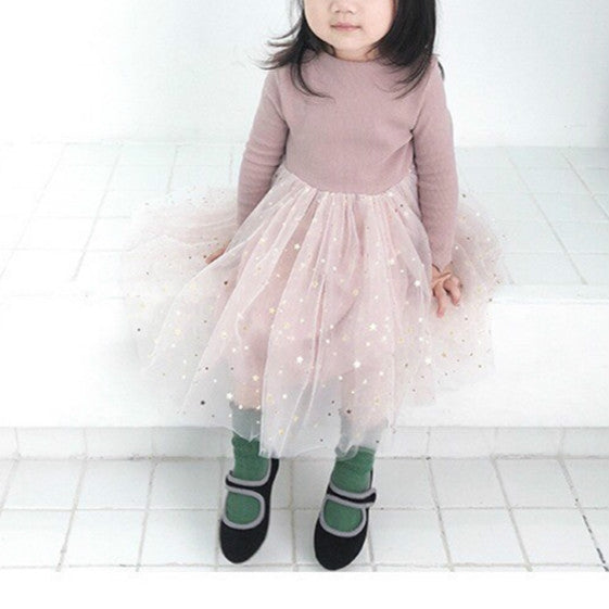 Winter Girls Patchwork Five-pointed Star Mesh Long-sleeved Dress