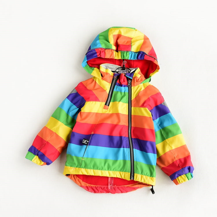 Autumn and Winter Children Fleece Rainbow Striped Diagonal Zipper Hooded Windbreaker