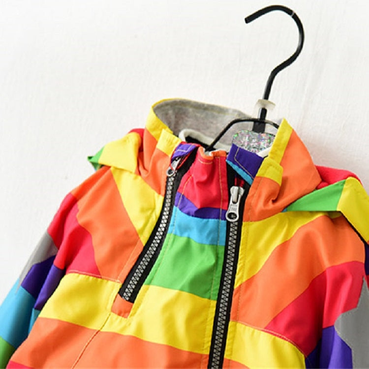 Autumn and Winter Children Fleece Rainbow Striped Diagonal Zipper Hooded Windbreaker