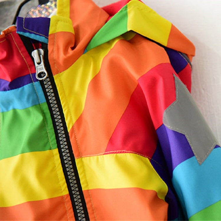 Autumn and Winter Children Fleece Rainbow Striped Diagonal Zipper Hooded Windbreaker