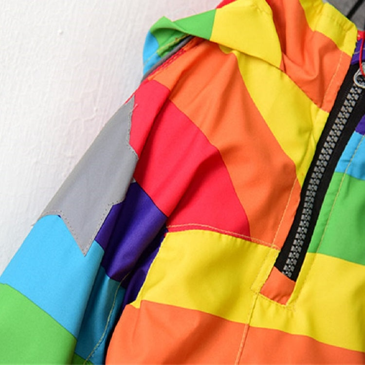 Autumn and Winter Children Fleece Rainbow Striped Diagonal Zipper Hooded Windbreaker