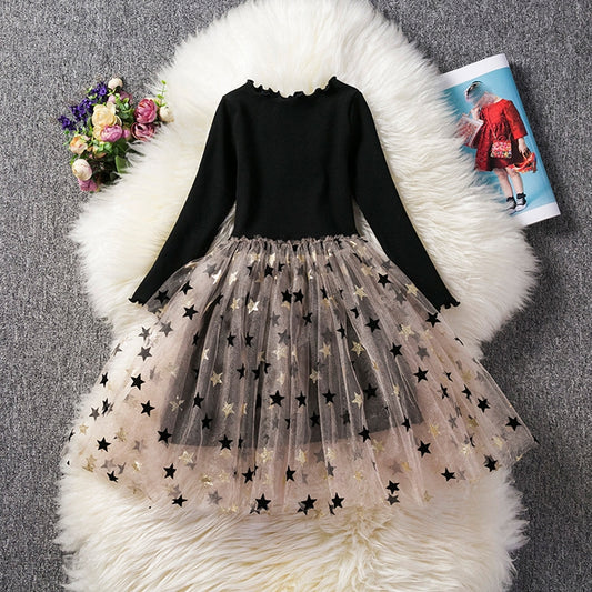 Autumn Girls Star Pattern Lace Sequins Long Sleeve Tutu Dress