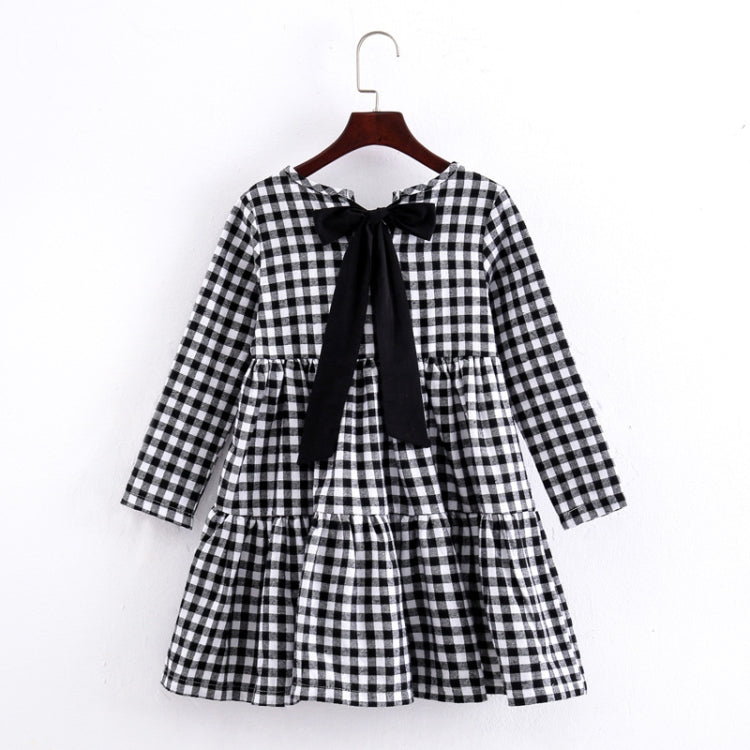 Autumn Girl Cotton Lattice Bow-knot Tie Long Sleeve Dress, 110cm, 130cm, 150cm, 160cm