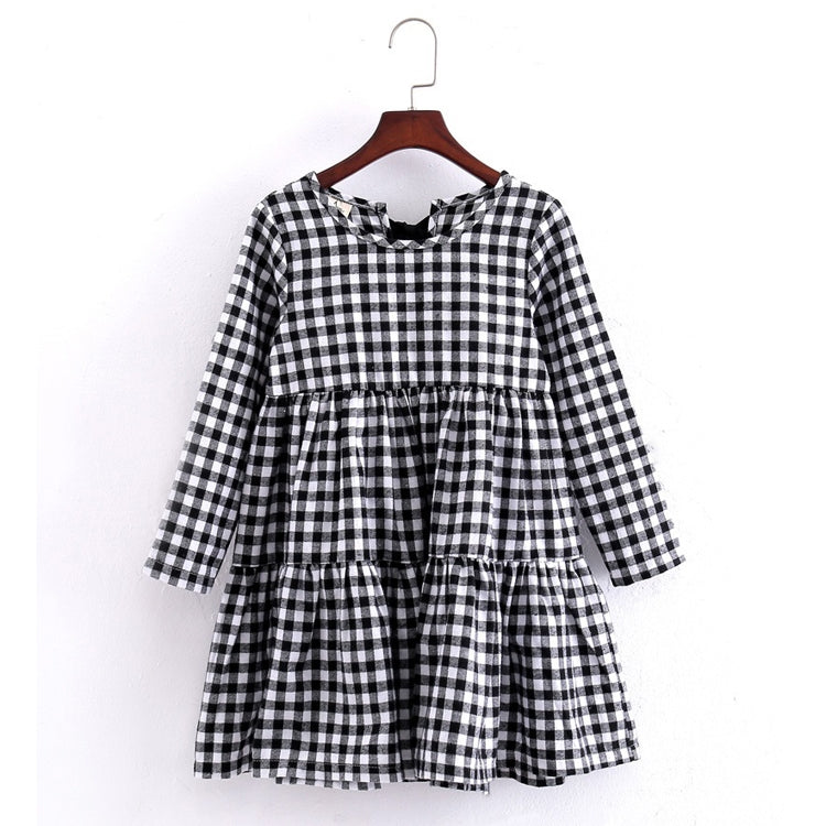 Autumn Girl Cotton Lattice Bow-knot Tie Long Sleeve Dress, 110cm, 130cm, 150cm, 160cm