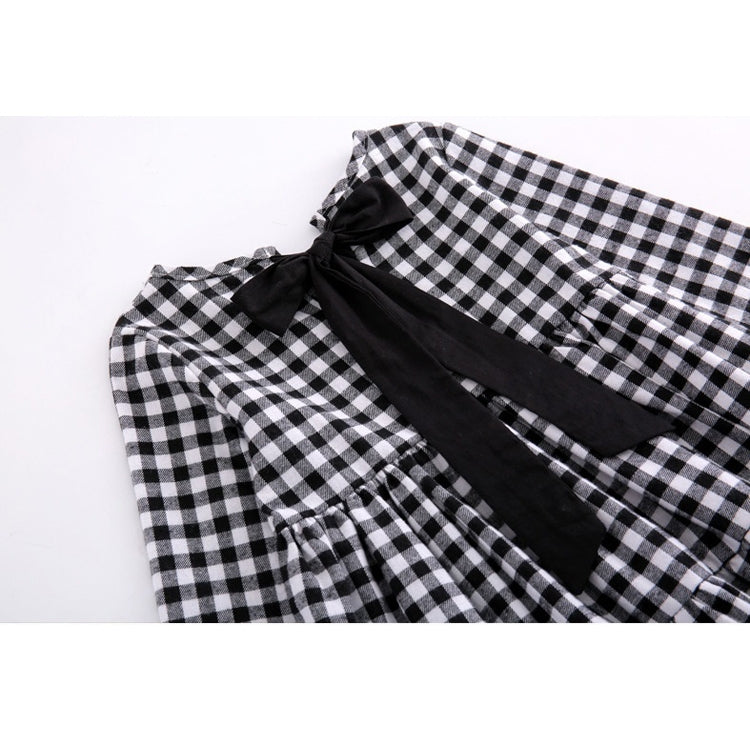 Autumn Girl Cotton Lattice Bow-knot Tie Long Sleeve Dress, 110cm, 130cm, 150cm, 160cm