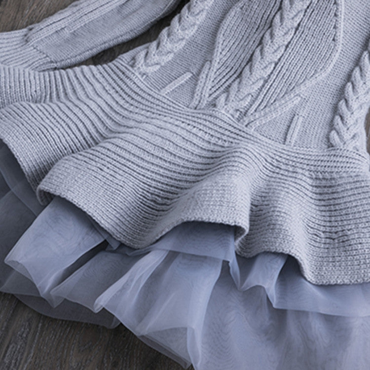 Winter Girls Knit Long Sleeve Sweater Organza Dress Evening Dress