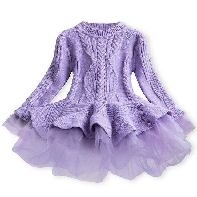 Winter Girls Knit Long Sleeve Sweater Organza Dress Evening Dress