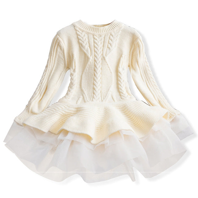 Winter Girls Knit Long Sleeve Sweater Organza Dress Evening Dress