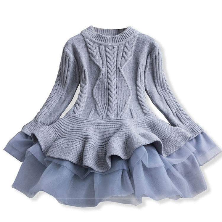 Winter Girls Knit Long Sleeve Sweater Organza Dress Evening Dress