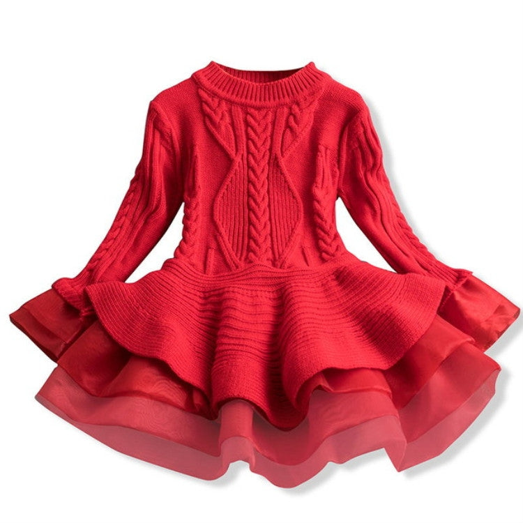 Winter Girls Knit Long Sleeve Sweater Organza Dress Evening Dress