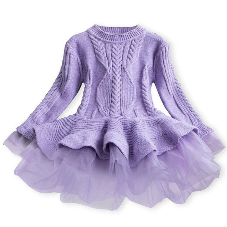 Winter Girls Knit Long Sleeve Sweater Organza Dress Evening Dress