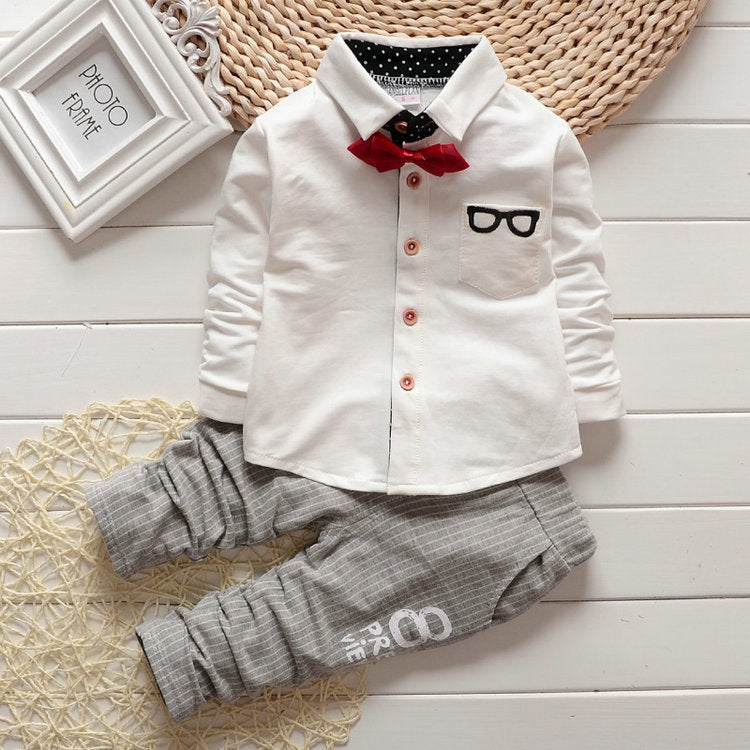 Boys Bow Tie Long Sleeve Top + Letter Print Pattern Pants Set