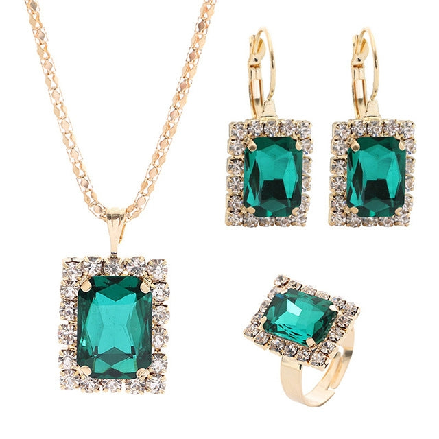 Square Crystal Necklace Earrings Ring For Women Jewelry Sets