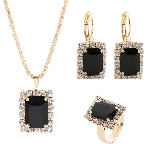 Square Crystal Necklace Earrings Ring For Women Jewelry Sets