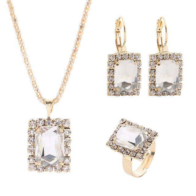 Square Crystal Necklace Earrings Ring For Women Jewelry Sets