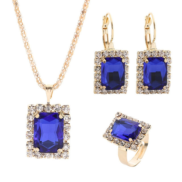 Square Crystal Necklace Earrings Ring For Women Jewelry Sets