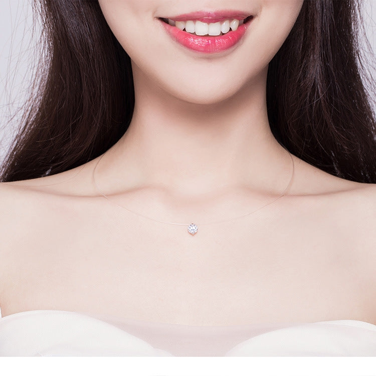 Invisible Fish Line Necklace Zircon Pendant S925 Sterling Silver Necklace