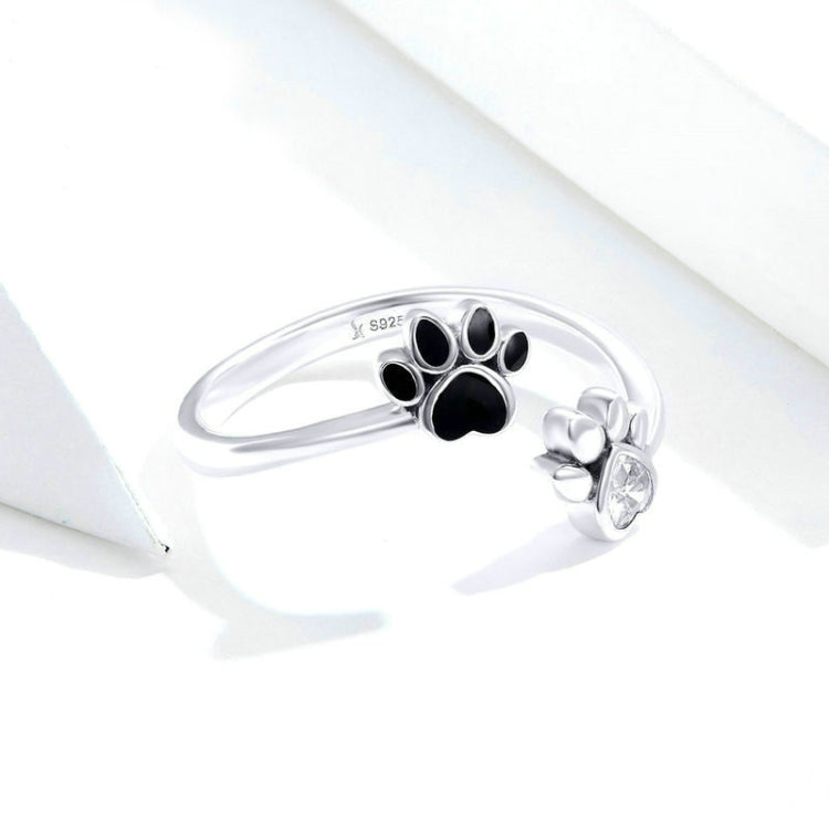 S925 Sterling Silver Cute Pet Paw Print Open Ring Black Dripping Ring