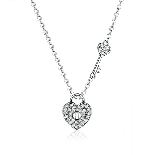 S925 Sterling Silver Platinum Plated Heart Lock Necklace Girls White Inlaid Zircon Key Jewelry