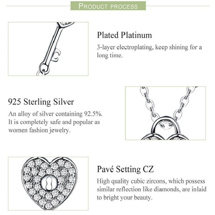 S925 Sterling Silver Platinum Plated Heart Lock Necklace Girls White Inlaid Zircon Key Jewelry