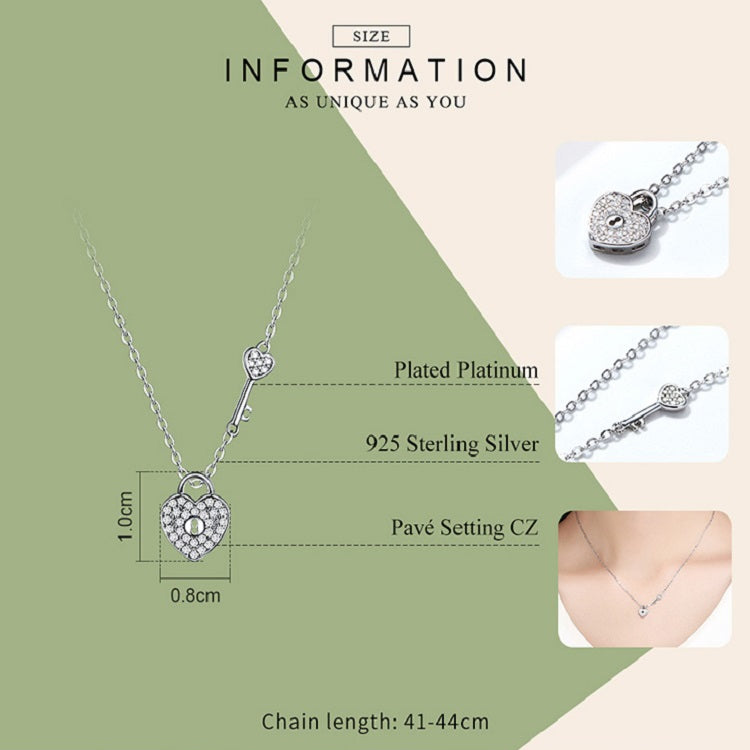 S925 Sterling Silver Platinum Plated Heart Lock Necklace Girls White Inlaid Zircon Key Jewelry