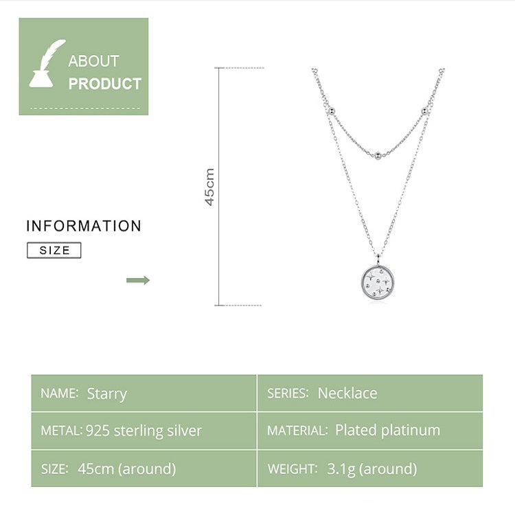S925 Sterling Silver Platinum Plated Necklace Double Layer Small Star Light Silver Necklace