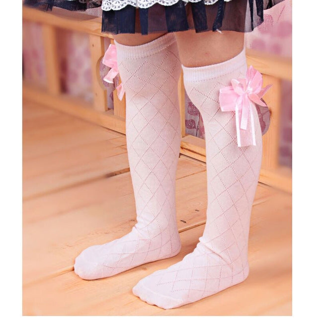 Children's Tube Socks Mesh Bow Princess Socks Square Grid Over Knee Socks