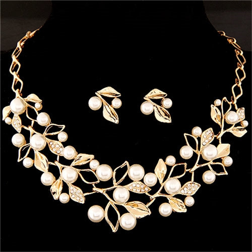 Leaf Crystal Simulated Pearl Wedding Jewelry Necklaces Earrings Sets