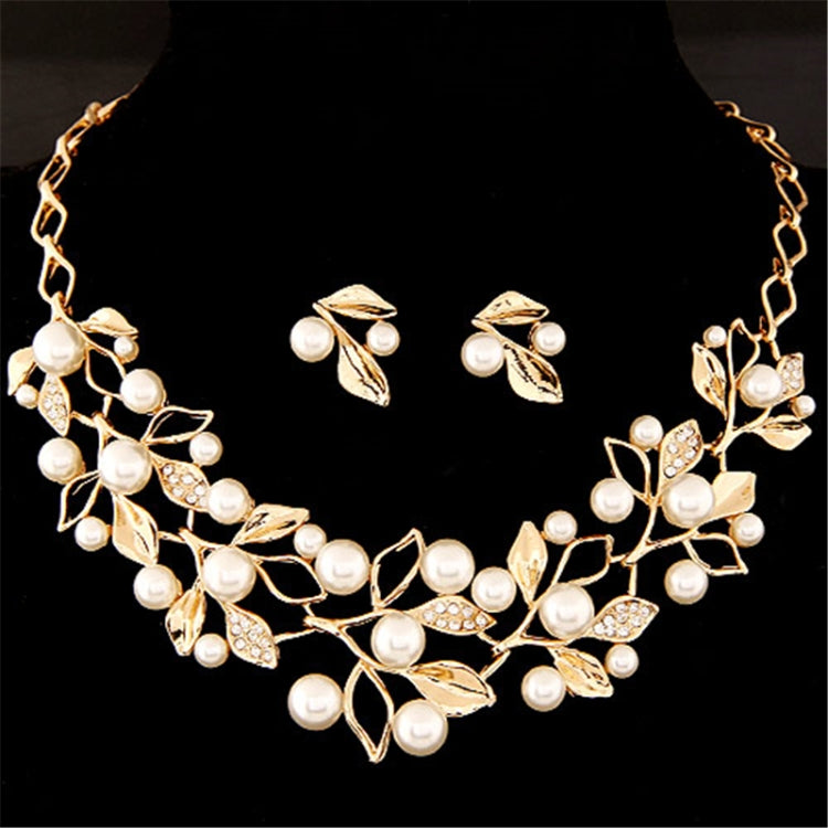 Leaf Crystal Simulated Pearl Wedding Jewelry Necklaces Earrings Sets