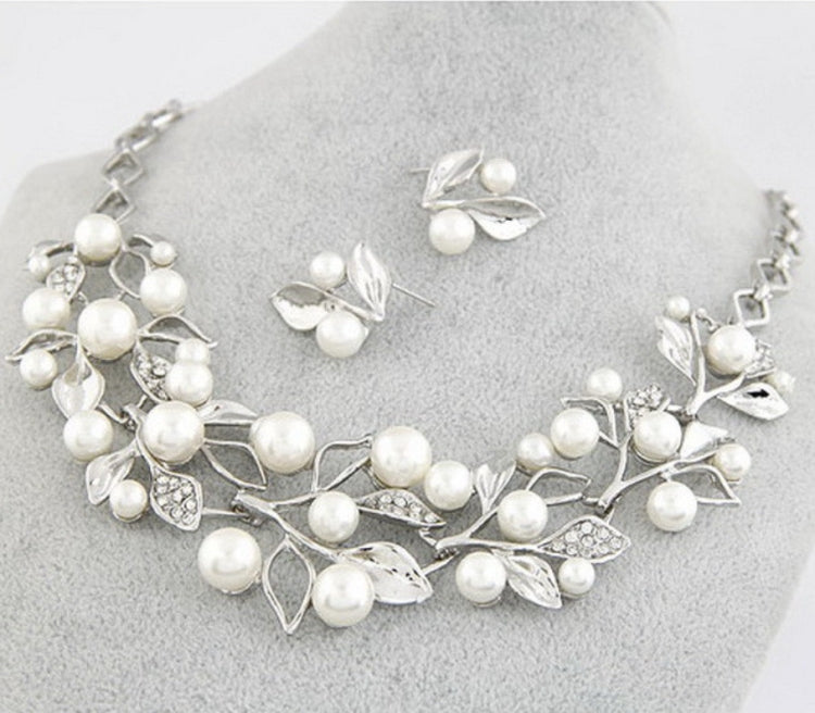 Leaf Crystal Simulated Pearl Wedding Jewelry Necklaces Earrings Sets