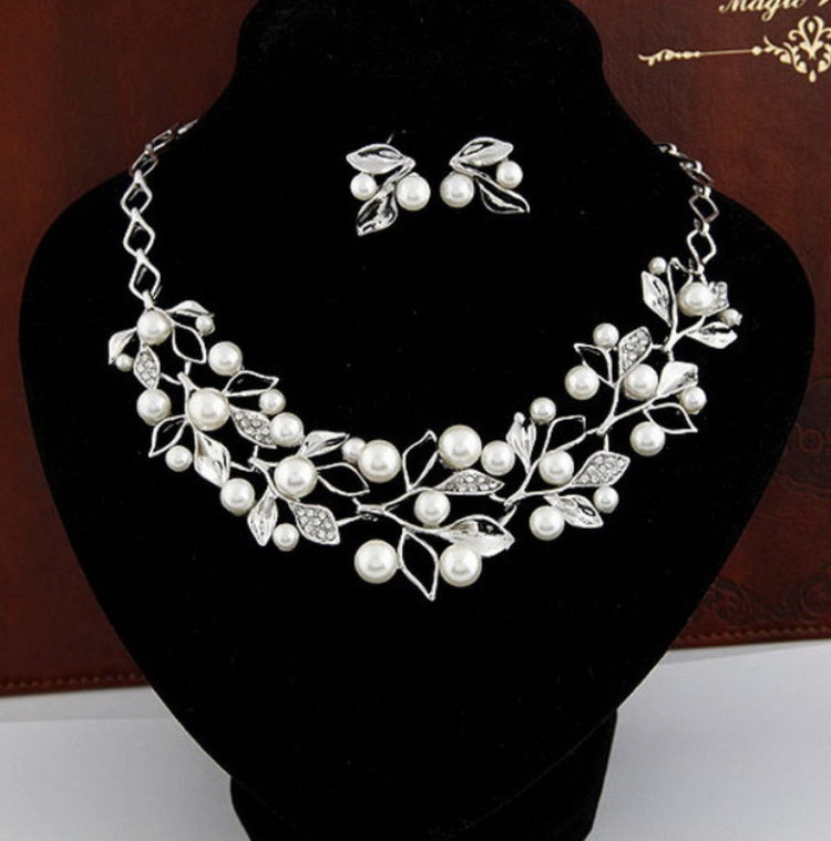 Leaf Crystal Simulated Pearl Wedding Jewelry Necklaces Earrings Sets
