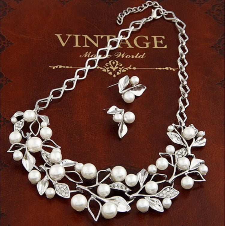 Leaf Crystal Simulated Pearl Wedding Jewelry Necklaces Earrings Sets
