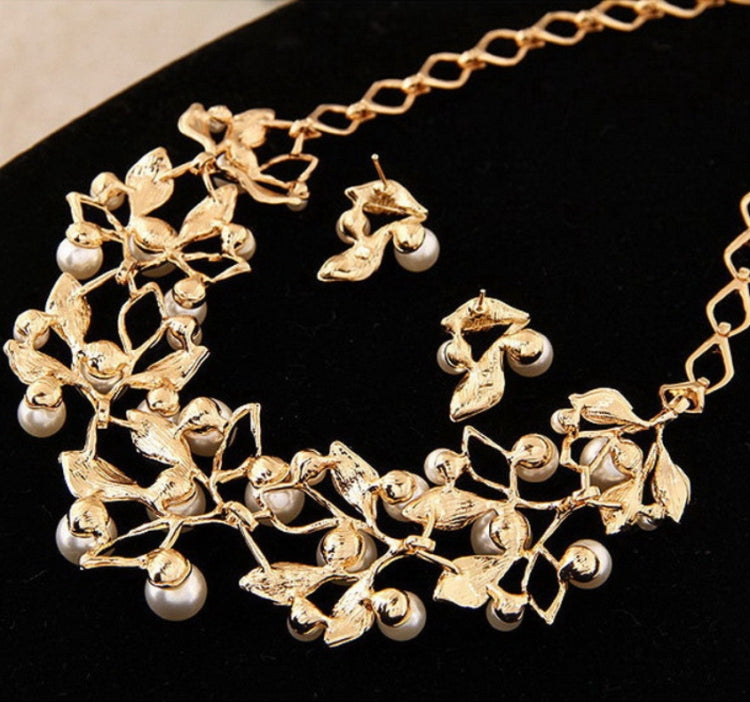 Leaf Crystal Simulated Pearl Wedding Jewelry Necklaces Earrings Sets