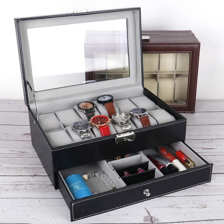 PU Leather 12-bit Watch Box Double-layer Jewelry Box Storage Display Box