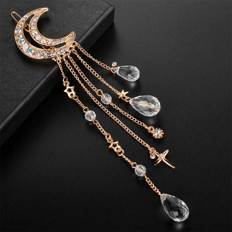 Fashion Elegant Women Lady Moon Rhinestone Crystal Tassel Long Chain Beads Dangle Hairpin Hair Clip Hair Jewelry