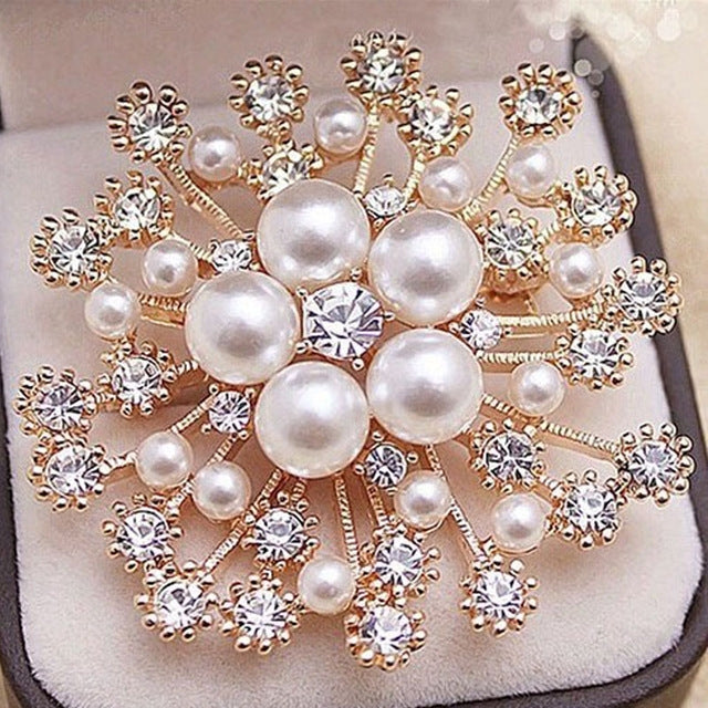 Women Large Snowflake Imitation Pearls Rhinestones Crystal  Brooch Pin Jewelry