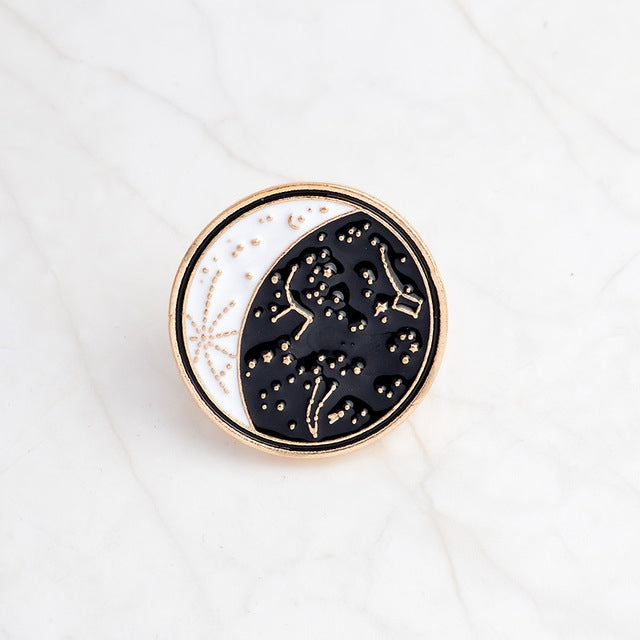 2 PCS Cartoon Constellation Moon Bottle Brooch White Black Enamel Pins Button Coat Jacket Collar Pin Badge