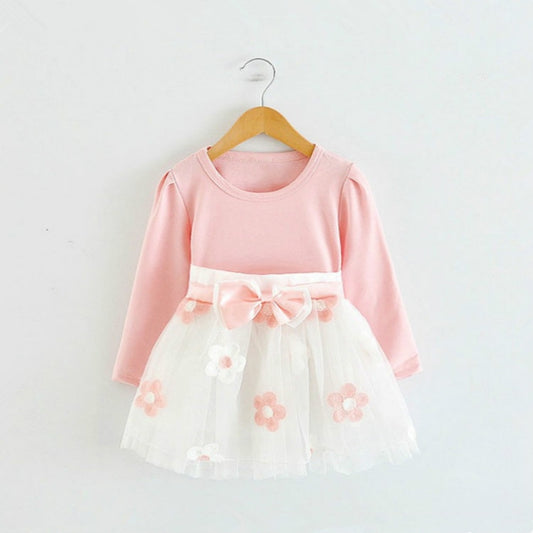 Autumn Girls Flower Bow-knot Long Sleeve Dress