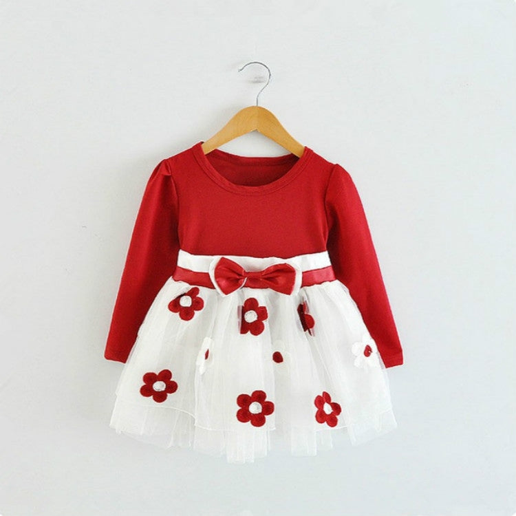 Autumn Girls Flower Bow-knot Long Sleeve Dress