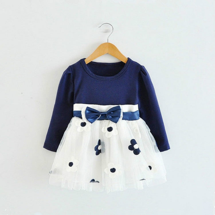 Autumn Girls Flower Bow-knot Long Sleeve Dress
