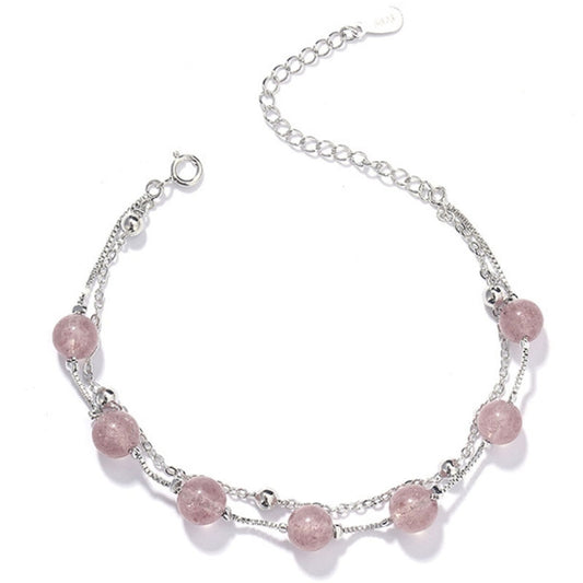 925 Sterling Silver Bracelet Women Crystal Bracelet Natural Beads Double-Layers Jewelry, Strawberry Crystal
