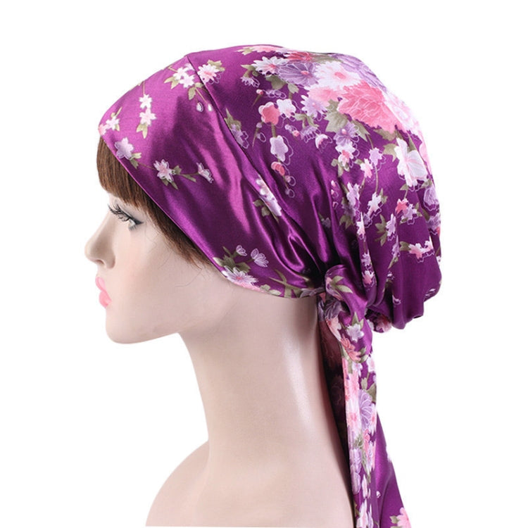 TJM-226 Ladies Satin Print Ribbon Bow Turban Hat Night Cap Silk Chemotherapy Hat Long Tail Braid Hat