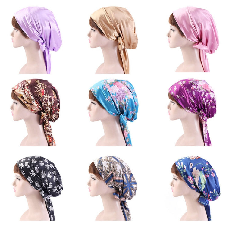 TJM-226 Ladies Satin Print Ribbon Bow Turban Hat Night Cap Silk Chemotherapy Hat Long Tail Braid Hat