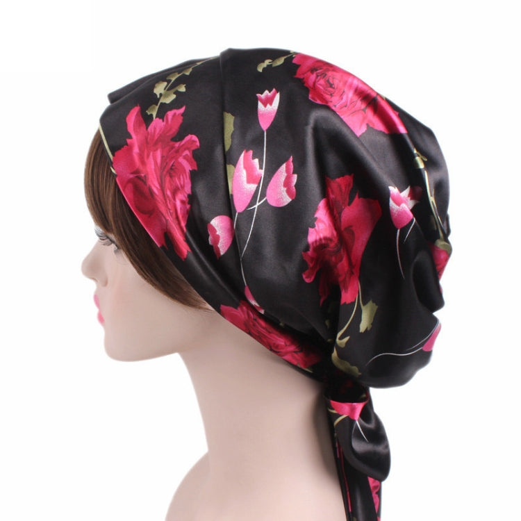 TJM-226 Ladies Satin Print Ribbon Bow Turban Hat Night Cap Silk Chemotherapy Hat Long Tail Braid Hat